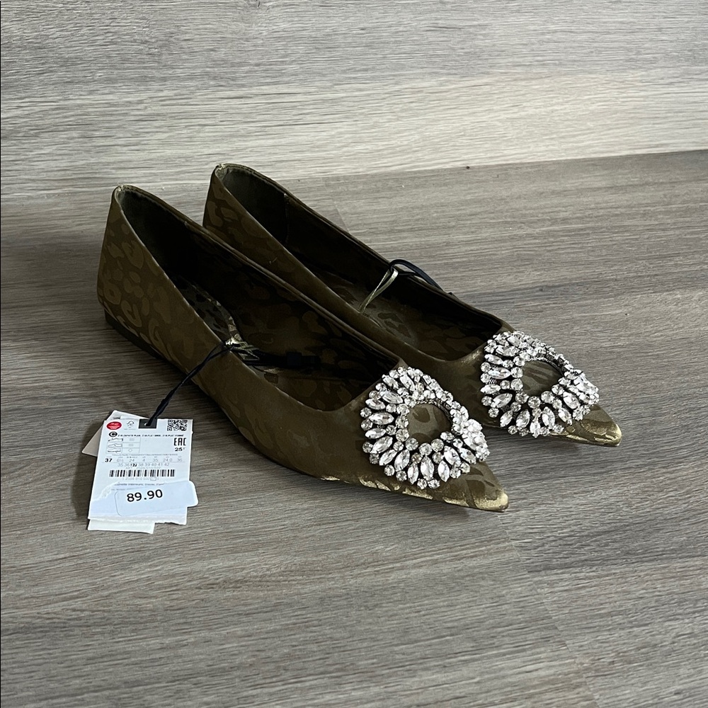 Zara Olive Green Flats with Rhinestone Detail